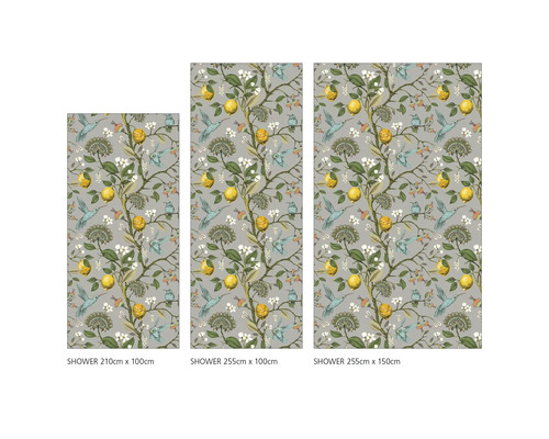 Drei Duschpaneele mit Zitronen-, Kolibri- und Blumenmuster in verschiedenen Größen