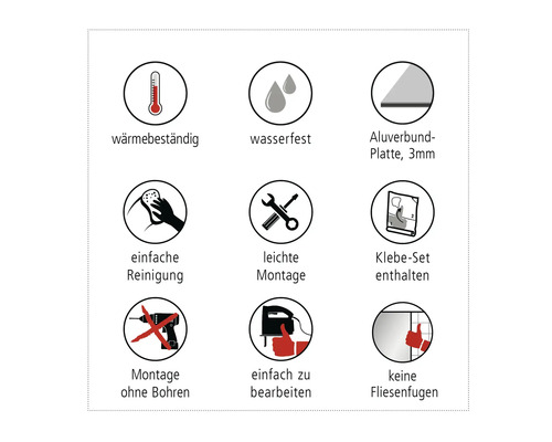 Symbole für hitzebeständig, wasserfest, 3 mm Aluminiumverbundplatte, einfache Reinigung, einfache Montage, inklusive Klebeset, Montage ohne Bohren, einfache Bearbeitung, keine Fliesenfugen