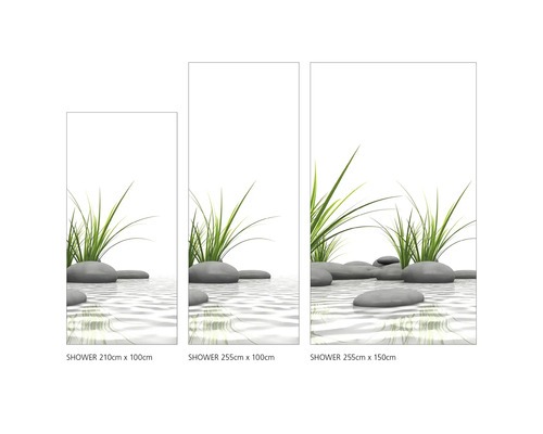 Drei Duschpaneele in verschiedenen Größen mit Darstellung von Gras und Steinen im Wasser