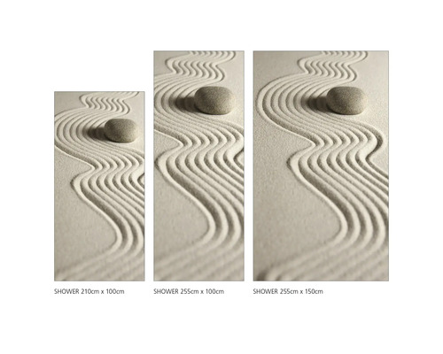 Drei Duschpaneele mit Zen-Garten-Motiv und Stein