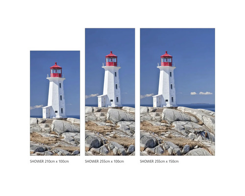Drei Duschvorhänge in verschiedenen Größen mit Leuchtturm-Motiv
