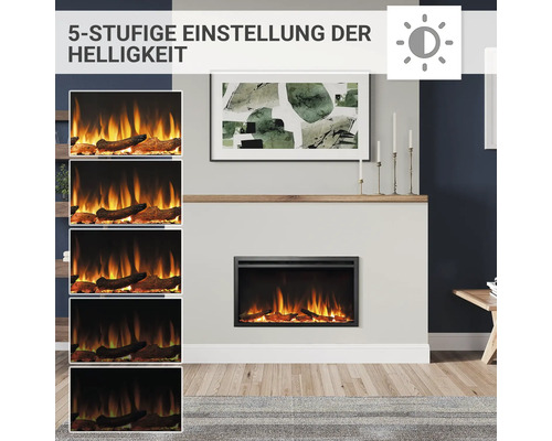 Elektrischer Kamin mit fünfstufiger Helligkeitseinstellung.