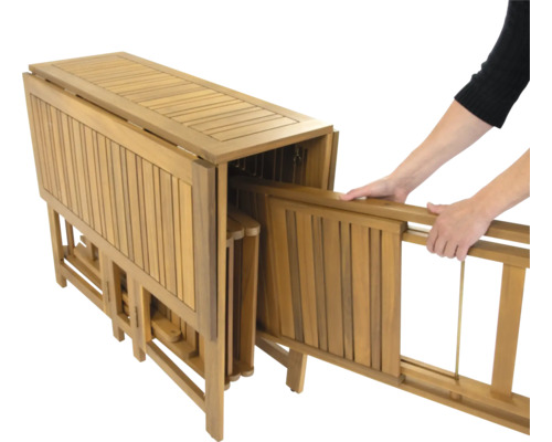 Gartentisch aus Holz mit ausklappbaren Stühlen
