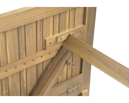 Detailansicht der Unterseite eines Holztisches mit Klappmechanismus