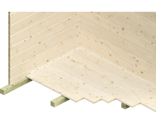 Eckansicht eines Gartenhauses mit Holzwänden und Holzboden auf Fundamenthölzern