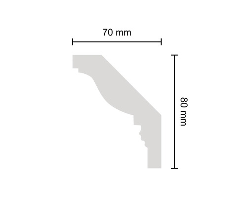 Schemazeichnung einer Zierleiste mit den Maßen 70 mm mal 80 mm.