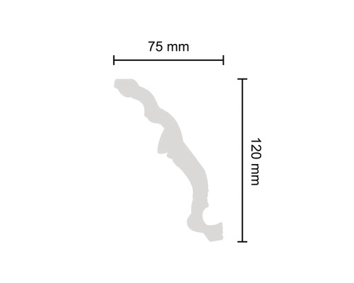 Abmessungen einer Zierleiste: 75 mm breit und 120 mm hoch.