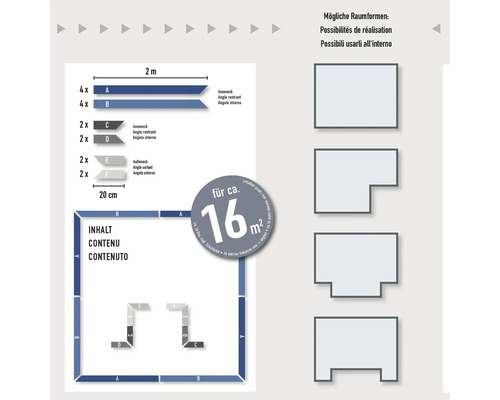 Information on possible room shapes and contents for approximately 16 square meters