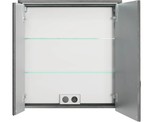 Geöffneter Spiegelschrank mit zwei Glasböden und Steckdosen