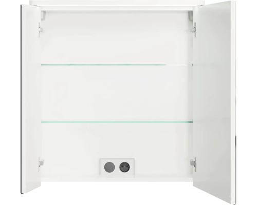 Offener Spiegelschrank mit zwei Glasablagen und Steckdosen