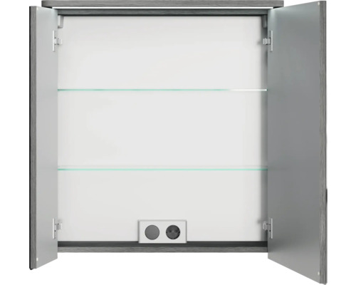 Geöffneter Spiegelschrank mit zwei Glasböden und Steckdose