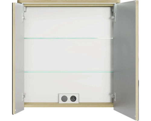 Offener Spiegelschrank mit Glasablagen und Steckdose