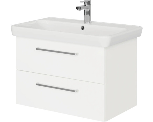 Weißer Waschtisch mit zwei Schubladen und Aufsatzwaschbecken mit Armatur