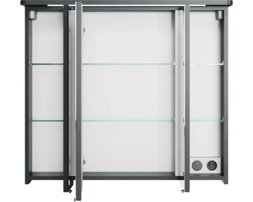 Offener Spiegelschrank mit Glasablagen und Steckdosen