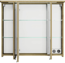 Offener Spiegelschrank mit Glasablagen und Steckdosen