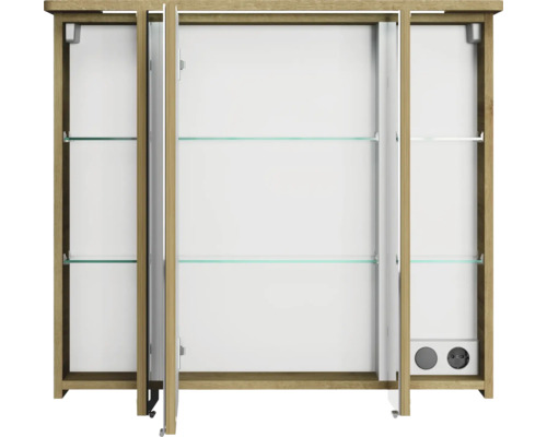 Offener Spiegelschrank mit Glasablagen und Steckdosen