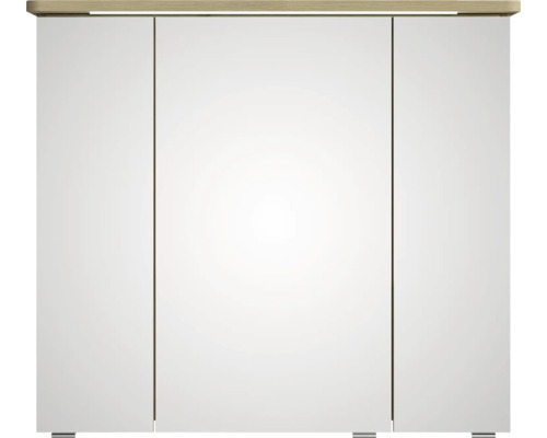 Weißer Spiegelschrank mit drei Türen und Holzablage