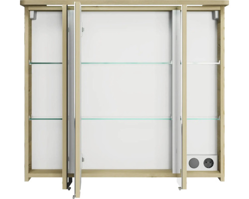 Geöffneter Spiegelschrank mit Glasböden und Steckdosen