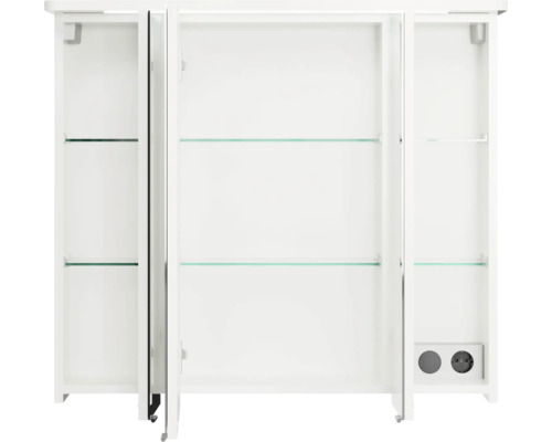 Offener weisser Spiegelschrank mit Glasböden und Steckdosen