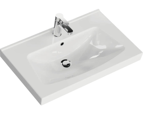 Waschtisch aus Sanitärkeramik mit Armatur