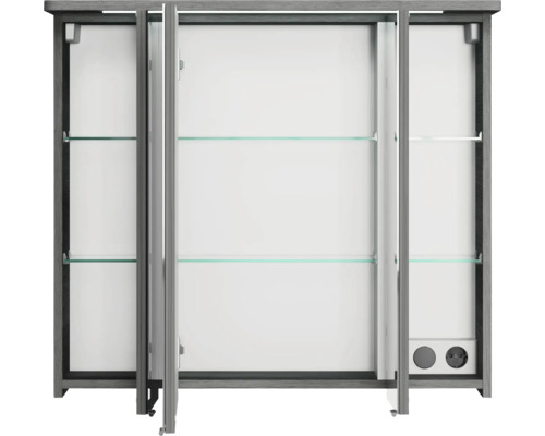 Offener Spiegelschrank mit Glasböden und Steckdosen