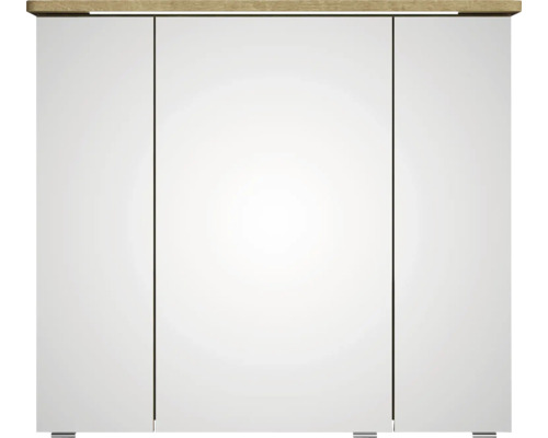 Weißer Badezimmerschrank mit drei Türen und Holzplatte