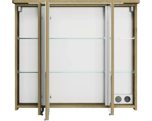 Offener Spiegelschrank mit Glasablagen und Steckdosen