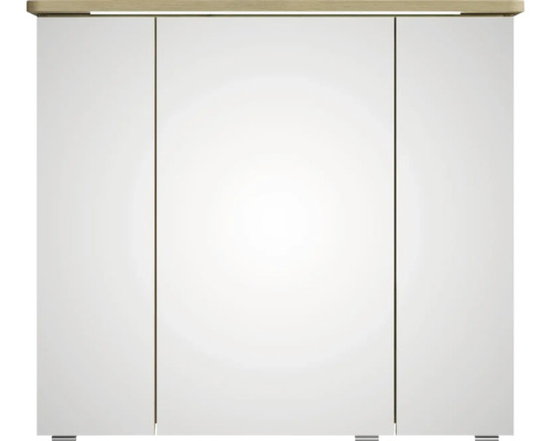 Weißer Badezimmerschrank mit Holzplatte