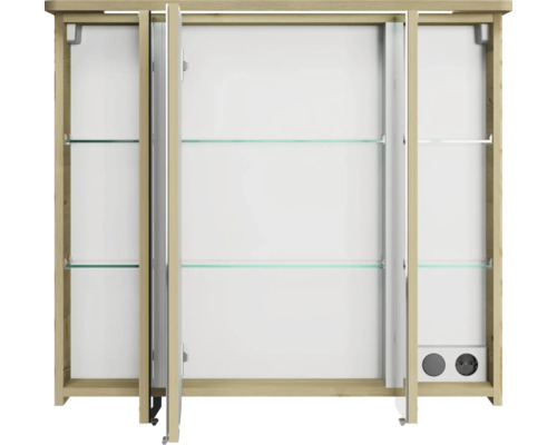 Offener Spiegelschrank mit Glasablagen und Steckdosen