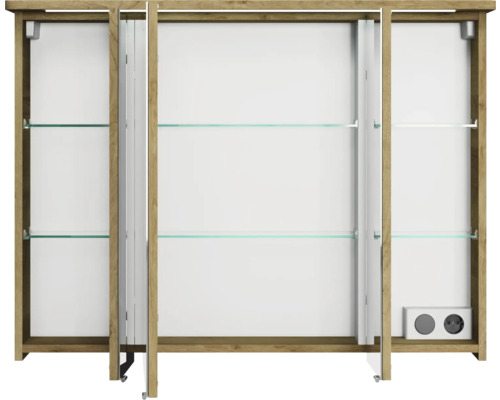 Geöffneter Spiegelschrank mit Glasböden und Steckdosen