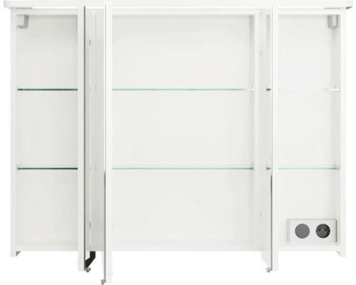 Weißer Spiegelschrank mit offenen Türen und Glasböden