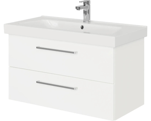 Waschtischunterschrank mit zwei Schubladen und einem Waschbecken aus Keramik