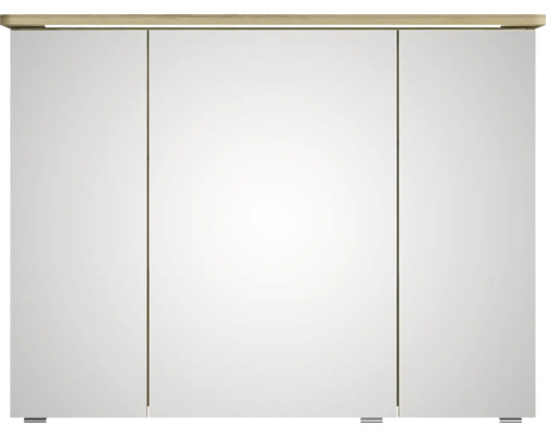 Weißer Spiegelschrank mit drei Türen und Holzoberteil