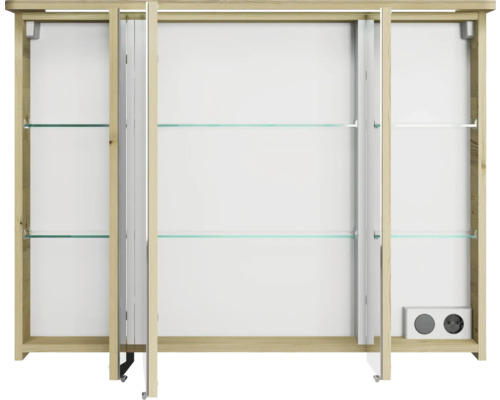 Offener Badezimmerschrank aus Holz mit Glasablagen und Steckdosen