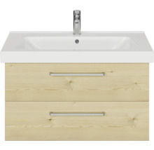 Badmöbel-Set Pelipal Sunline 105 BxHxT 95 x 200 x 46,5 cm Frontfarbe Polar Pinie mit Keramik-Waschtisch Waschtischunterschrank und Spiegelschrank mit LED-Beleuchtung