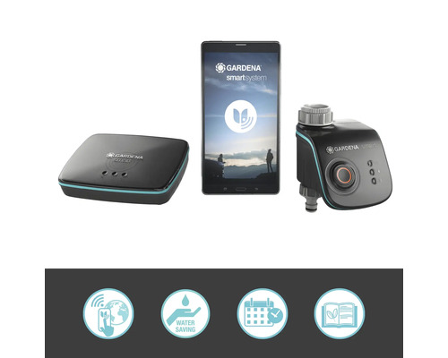 Gardena Smart System bestehend aus Gateway, Steuerzentrale und App auf einem Tablet