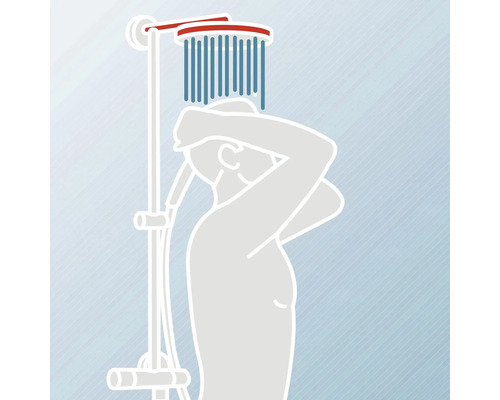 Illustration einer Person, die unter einer Duscharmatur duscht