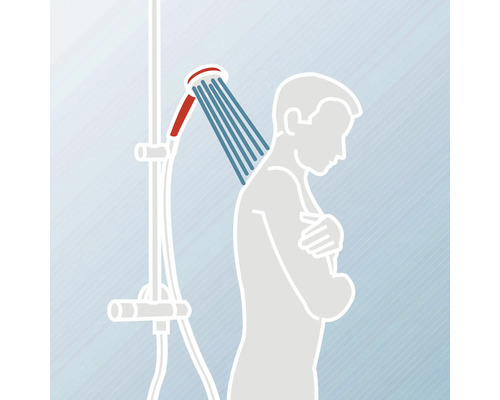 Illustration einer Dusche, die auf eine Person gerichtet ist.