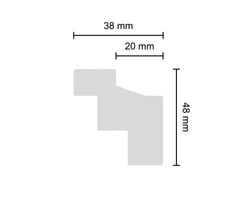 Technische Zeichnung eines Profils mit den Maßen 38 mm, 20 mm und 48 mm.