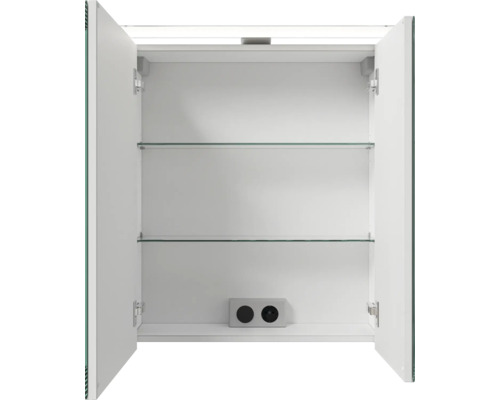 Offener Spiegelschrank mit zwei Glasböden und Steckdose