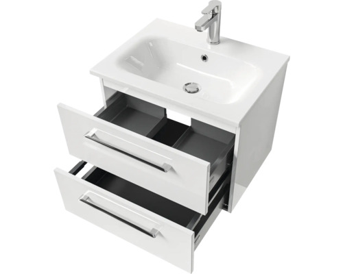 Waschbeckenunterschrank mit zwei offenen Schubladen und Armatur
