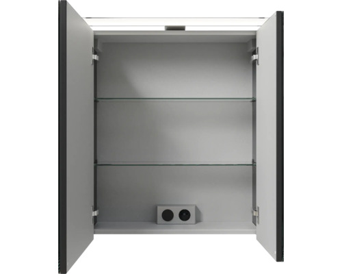 Offener Spiegelschrank mit zwei Glaseinlegeböden und Steckdose