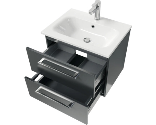 Waschtischunterschrank mit zwei offenen Schubladen und Aufsatzwaschbecken