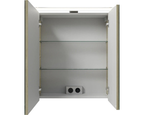 Geöffneter Spiegelschrank mit Glasböden und Steckdose