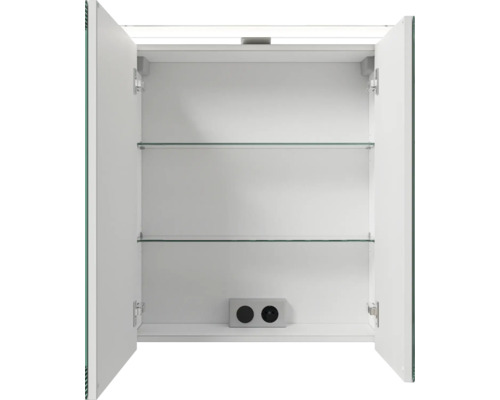Offener Spiegelschrank mit zwei Regalböden und Steckdose