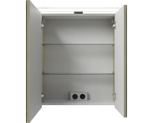 Offener Spiegelschrank mit Glasböden und Steckdose