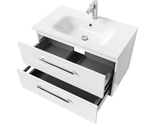 Waschtischunterschrank mit zwei offenen Schubladen, Keramikwaschbecken und Armatur