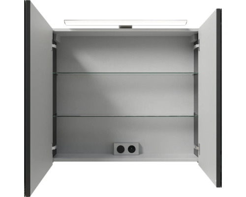 Offener Spiegelschrank mit zwei Glasböden und Beleuchtung