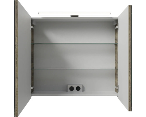 Offener Spiegelschrank mit Glasablagen, Beleuchtung und Steckdose für das Badezimmer