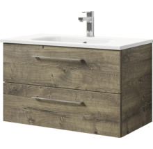 Badmöbel-Set Pelipal Sunline 121 BxHxT 81 x 200 x 46 cm Frontfarbe Eiche ribbeck mit Mineralguss-Waschtisch Waschtischunterschrank und Spiegelschrank mit LED-Beleuchtung